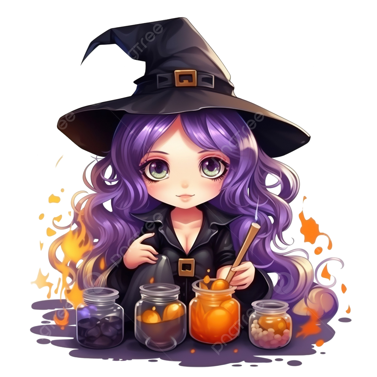 Wallpaper #cKU_N5MBVBiSkHCa8Itg381 Halloween Chibi Witch Witchcraft Mixing a Magic Potion Illustration