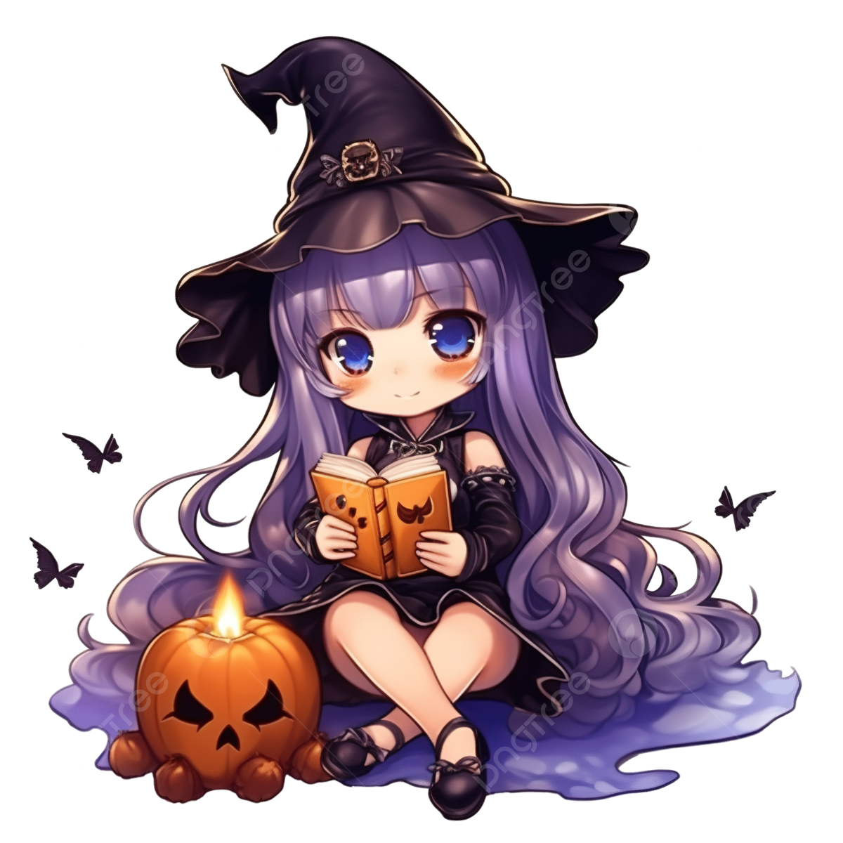 Wallpaper #cKU_N5MBVBiSkHCa8Itg405 Halloween Chibi Witch Witchcraft Reading a Potion Book and Holding a