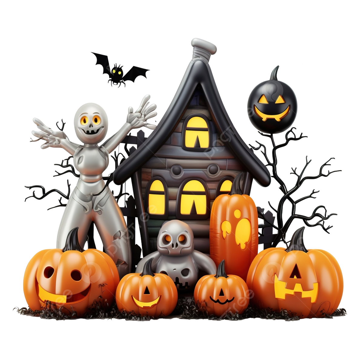 Wallpaper #GvSnOZMBKFX8bn3rXXez205 Inflatable Figures of Ghosts Spider and Pumpkins Near House Outdoor