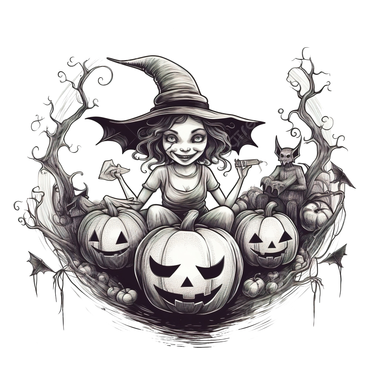 Wallpaper #r3KDMpMBX2lk1u3ogFrF344 Hand Drawn Halloween Witch Flying on Broom Stick Vampire Bat Cauldron