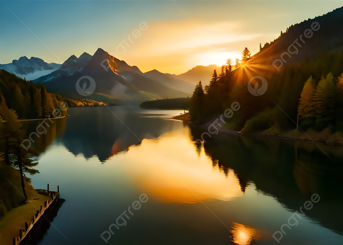Wallpaper #riwuSpMB0E1QgA7wM_Vp135 Sunset in Mountains with Lake Water and Forest Trees Background
