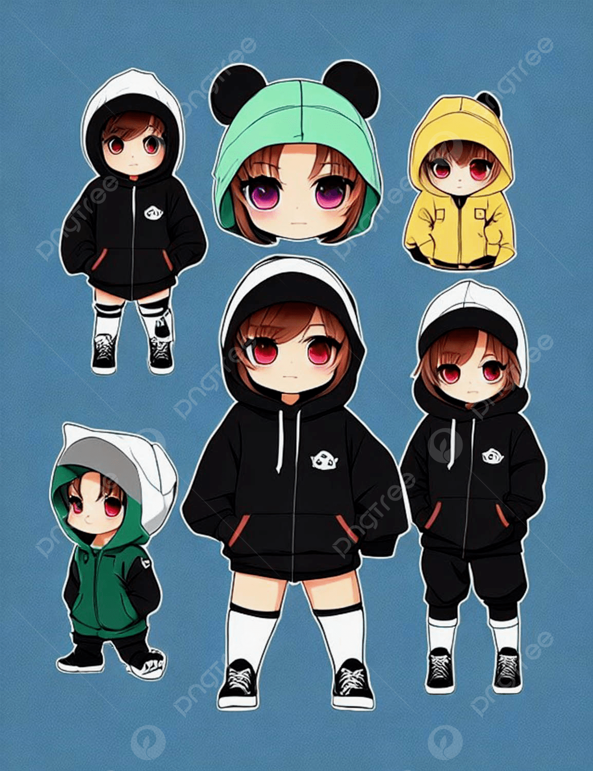 Wallpaper #zrgO3JIBJvJKYCmE5_lC197 Set of Chibi Cute Character Wearing Hoodie Background Wallpaper Image