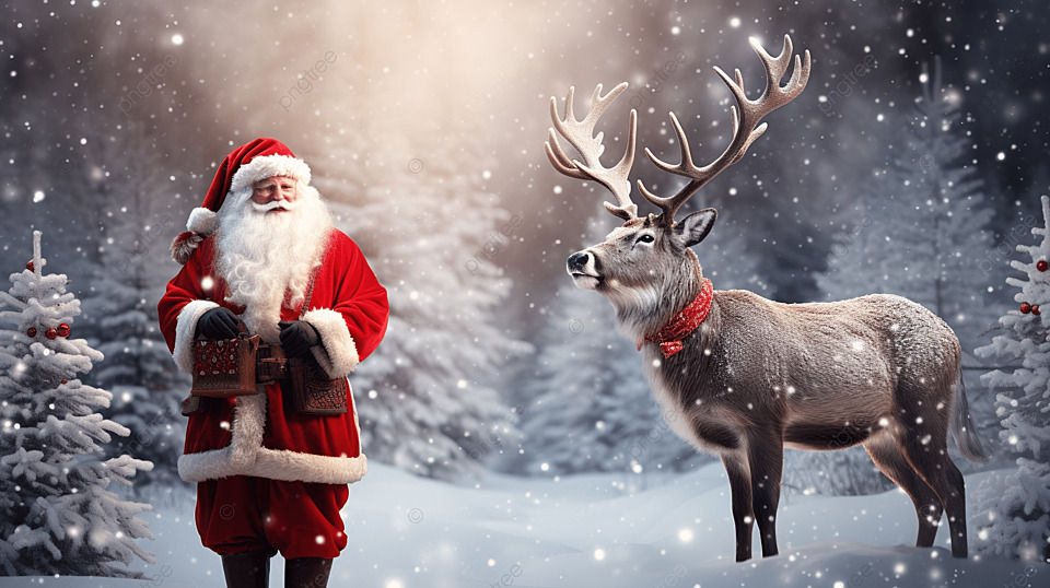 Wallpaper #_bgL2ZIBJvJKYCmEbeqa148 Christmas Background of Santa Claus with Reindeer and Snowflake in