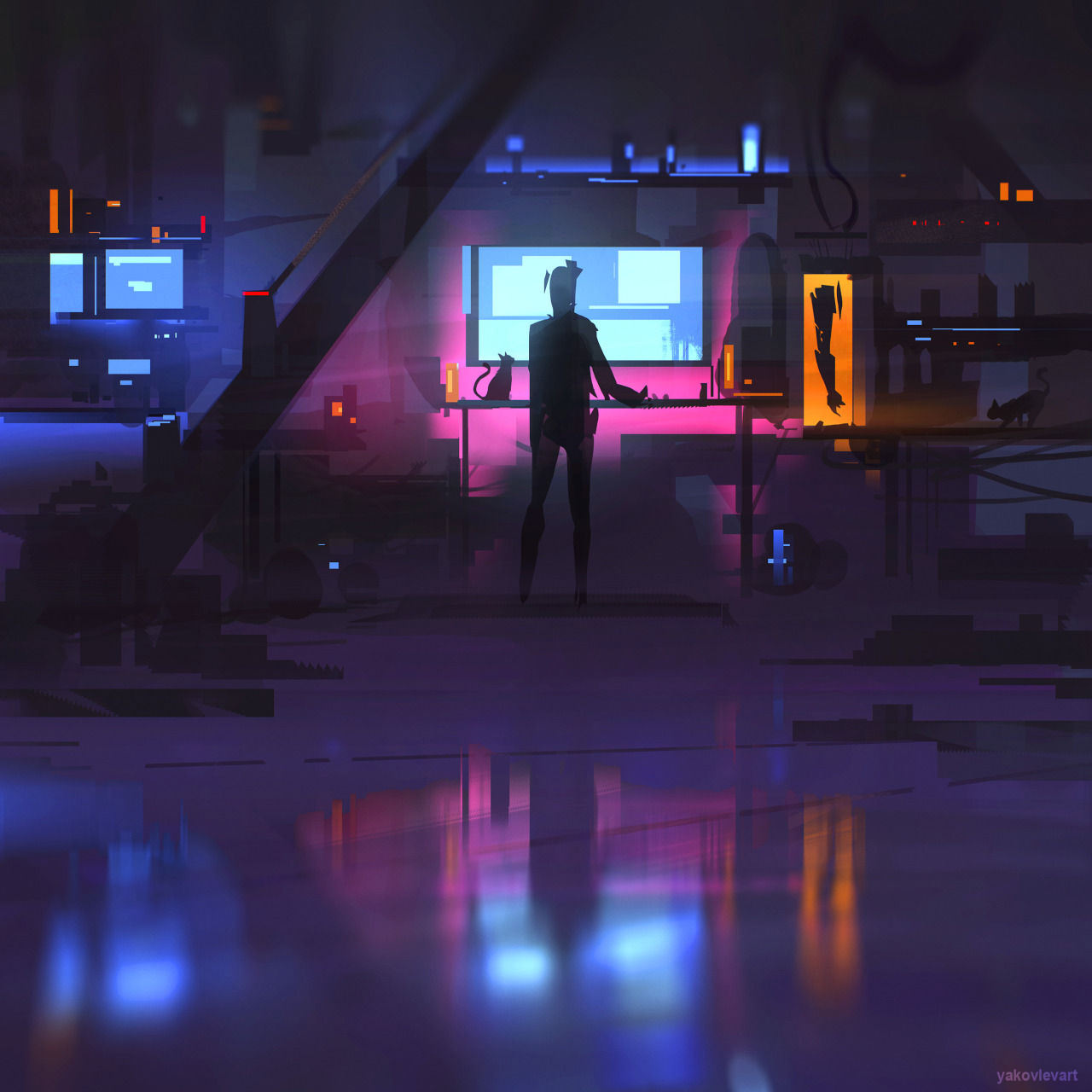 Wallpaper #yXMxg44BFI5NbQks-hkh38 A Hacker in a Dark Room Surrounded by Computers and Cats
