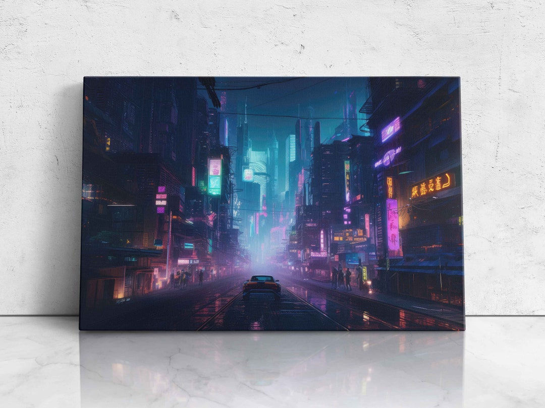 Wallpaper #aWjcHZMBSpphPi3-Yicj157 Neon Cyberpunk Cityscape Digital Print on Canvas Night Life Etsy