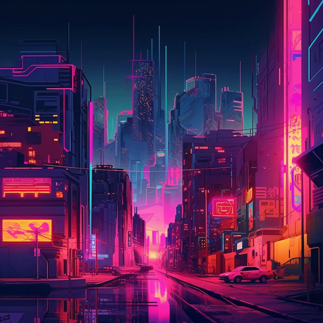 Wallpaper #rGf2-pIBSpphPi3-35I269 Cyberpunk Neon City Scape Digital Print Art Work Etsy