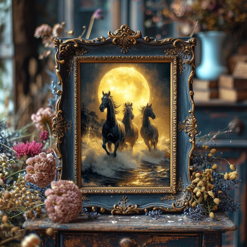 Wallpaper #tbjY3JIBJvJKYCmEhf1i353 Moon Lit Horses Fine Art Print Fantasy Surreal Mustang Dark Academia