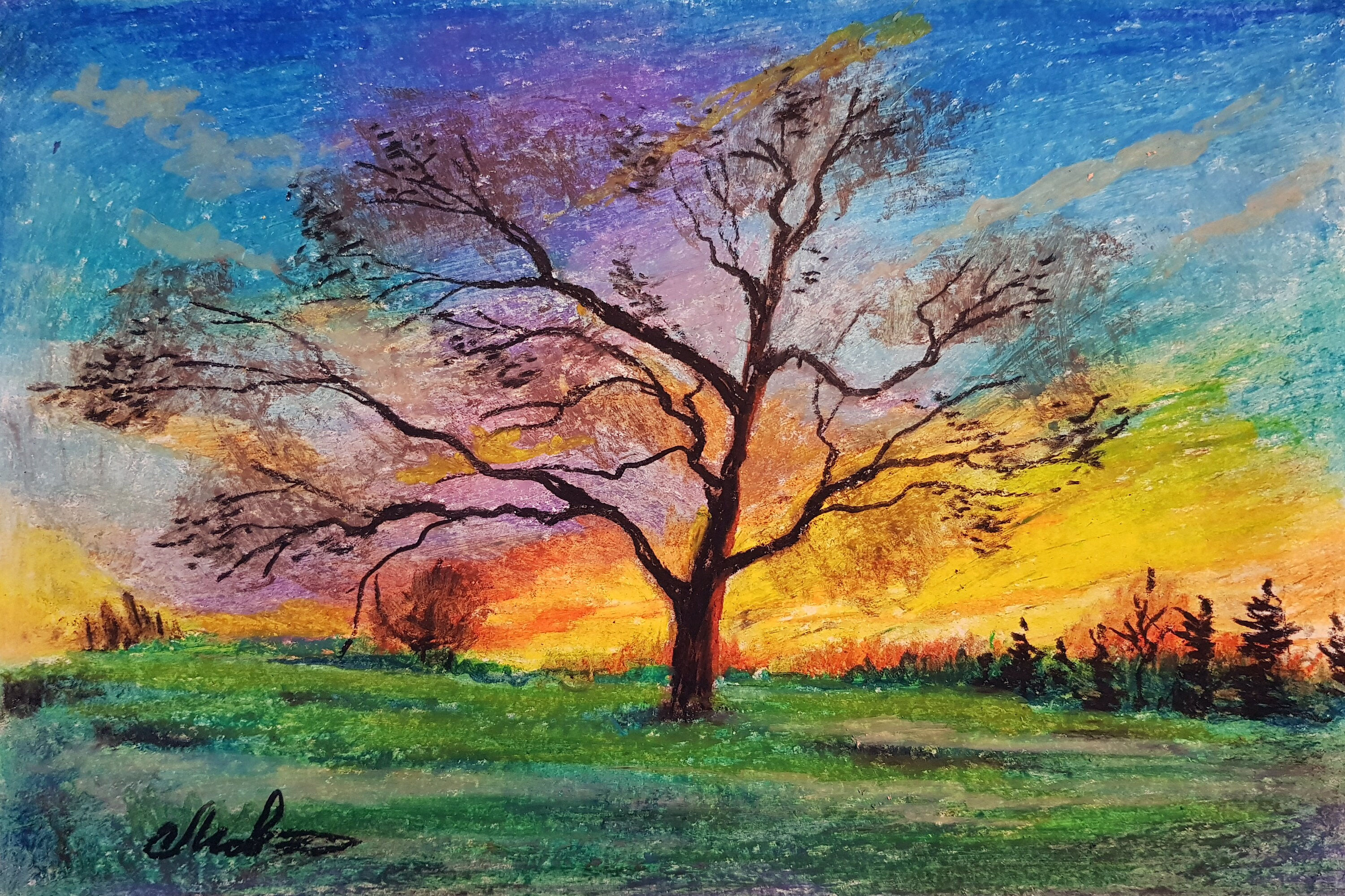 Wallpaper 18733 Pastel Painting Tree at Sunset Original Work Pastel Painting Etsy HD Wallpaper 18733