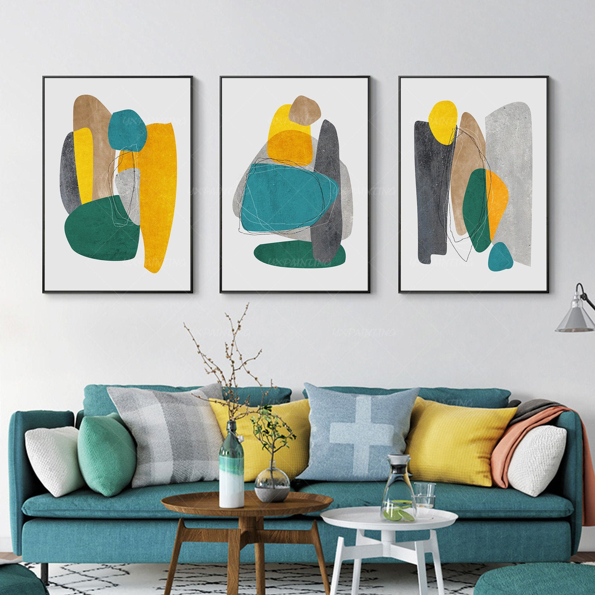 Wallpaper #FGfC_5IBSpphPi3-96QM434 3 Pieces Wall Art Abstract Geometric Art Yxpainting Emerald Etsy