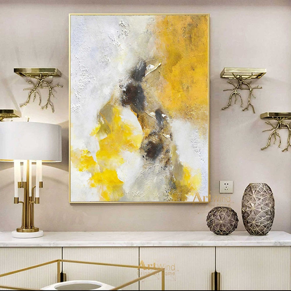 Wallpaper #i2hpFpMBSpphPi3-fwvy378 Oversized Abstracte Canvas Kunst Geel Minimalistisch Etsy