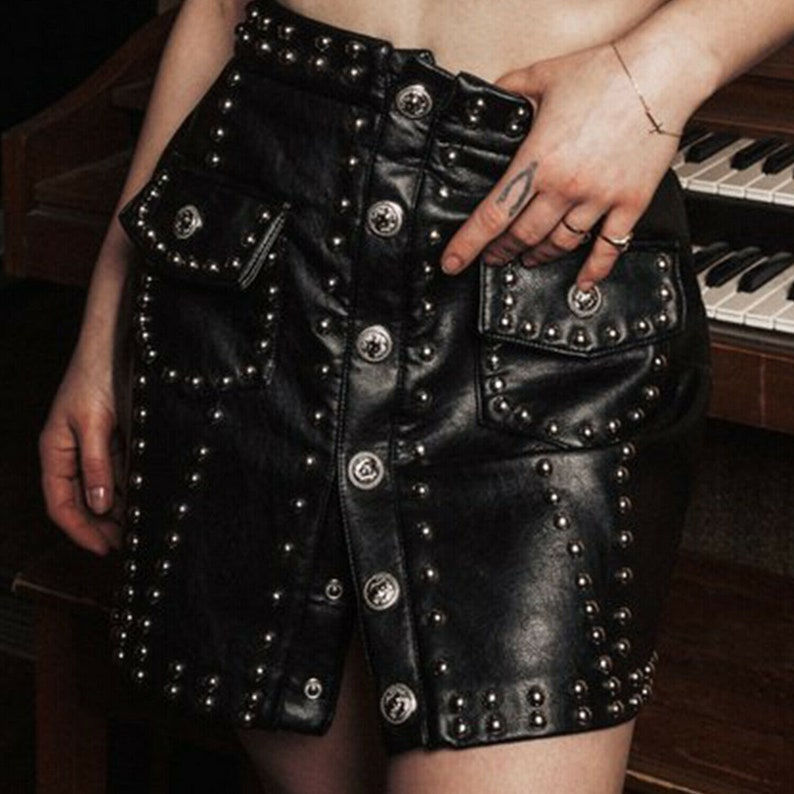 Wallpaper #_bmH3pIBJvJKYCmESQX055 Women Leather Skirt Steampunk Mini Skirt Studs Black Leather Etsy