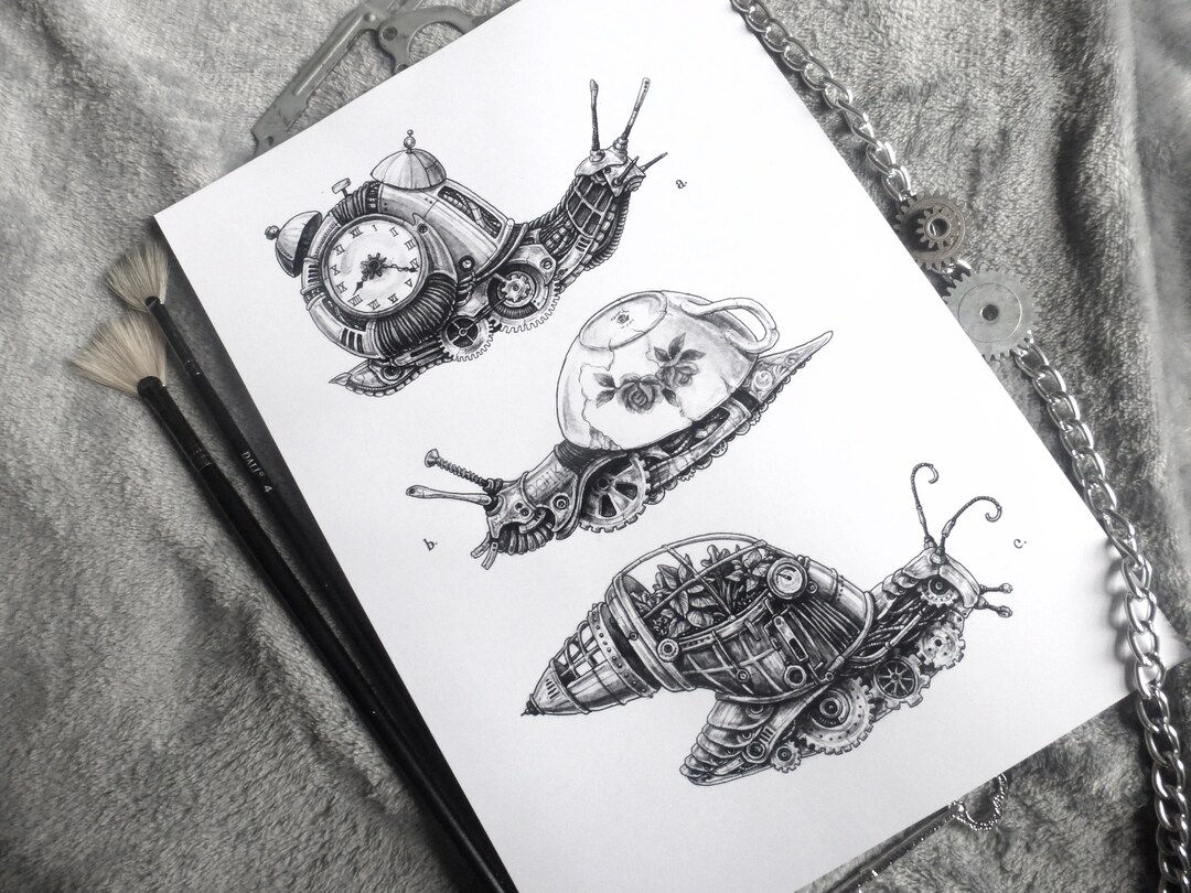 Wallpaper #7DE0NZMB5zzyi_yYk1WD171 Steampunk Mechanical Quirky Snails Tattoo Flash Scientific Etsy