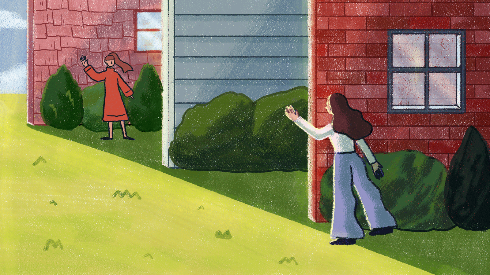 Wallpaper #rEUCjo4B7YBJg1BVTZyQ41 Two Neighbors Waving to Each Other from Their Respective Houses
