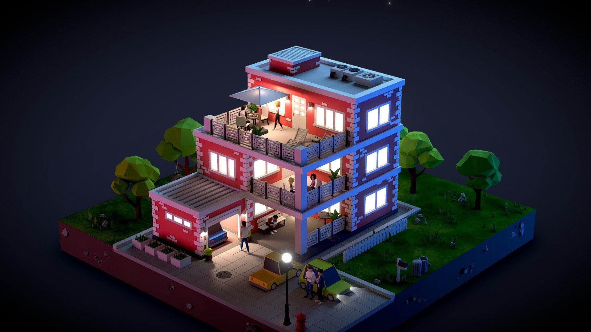 Wallpaper #aWfA6pIBSpphPi3-sEia131 Low Poly Building with Characters Night 3D Model by Alexander