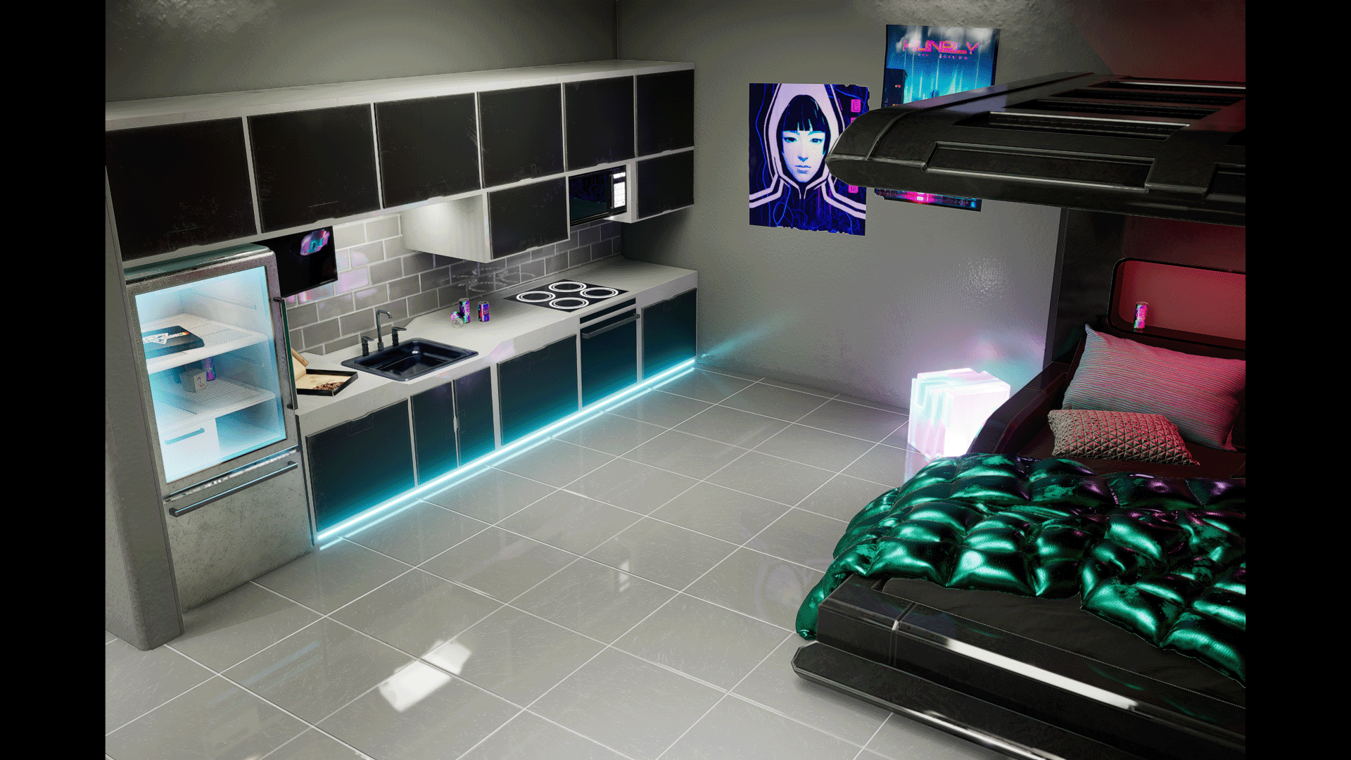 Wallpaper #yXMxg44BFI5NbQks-hkh12 A Futuristic Bedroom with a Cyberpunk Aesthetic