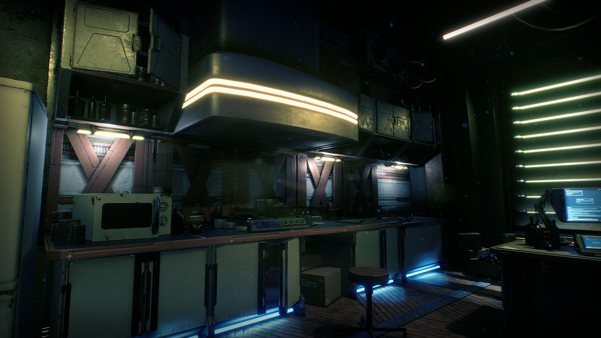 Wallpaper #93MKgI4BFI5NbQkshxev10 A Dimly Lit Futuristic Kitchen with a Retro Microwave and Neon Lights