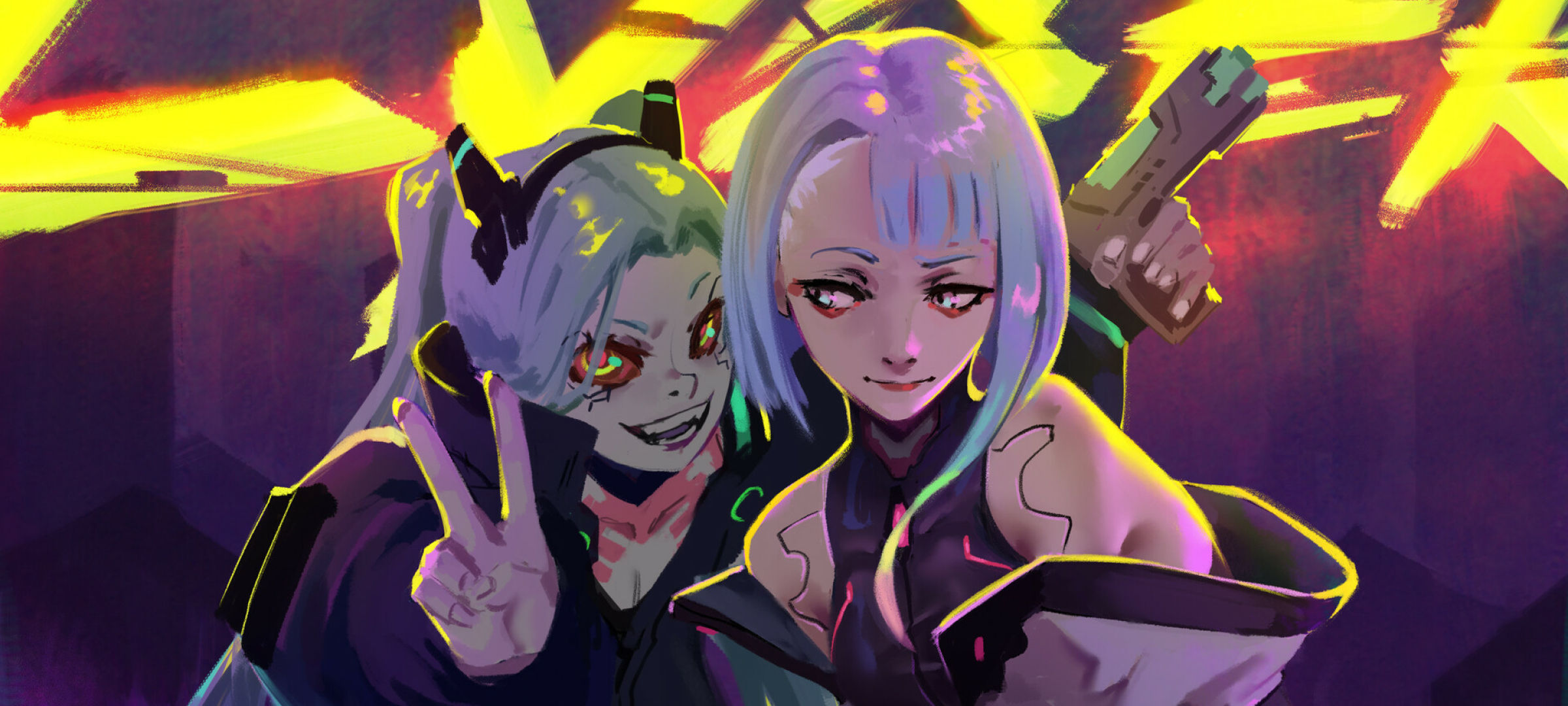 Wallpaper #brgy3ZIBJvJKYCmEnf-H236 2400x1080 Resolution Lucy and Rebecca Art Cyberpunk Edgerunners
