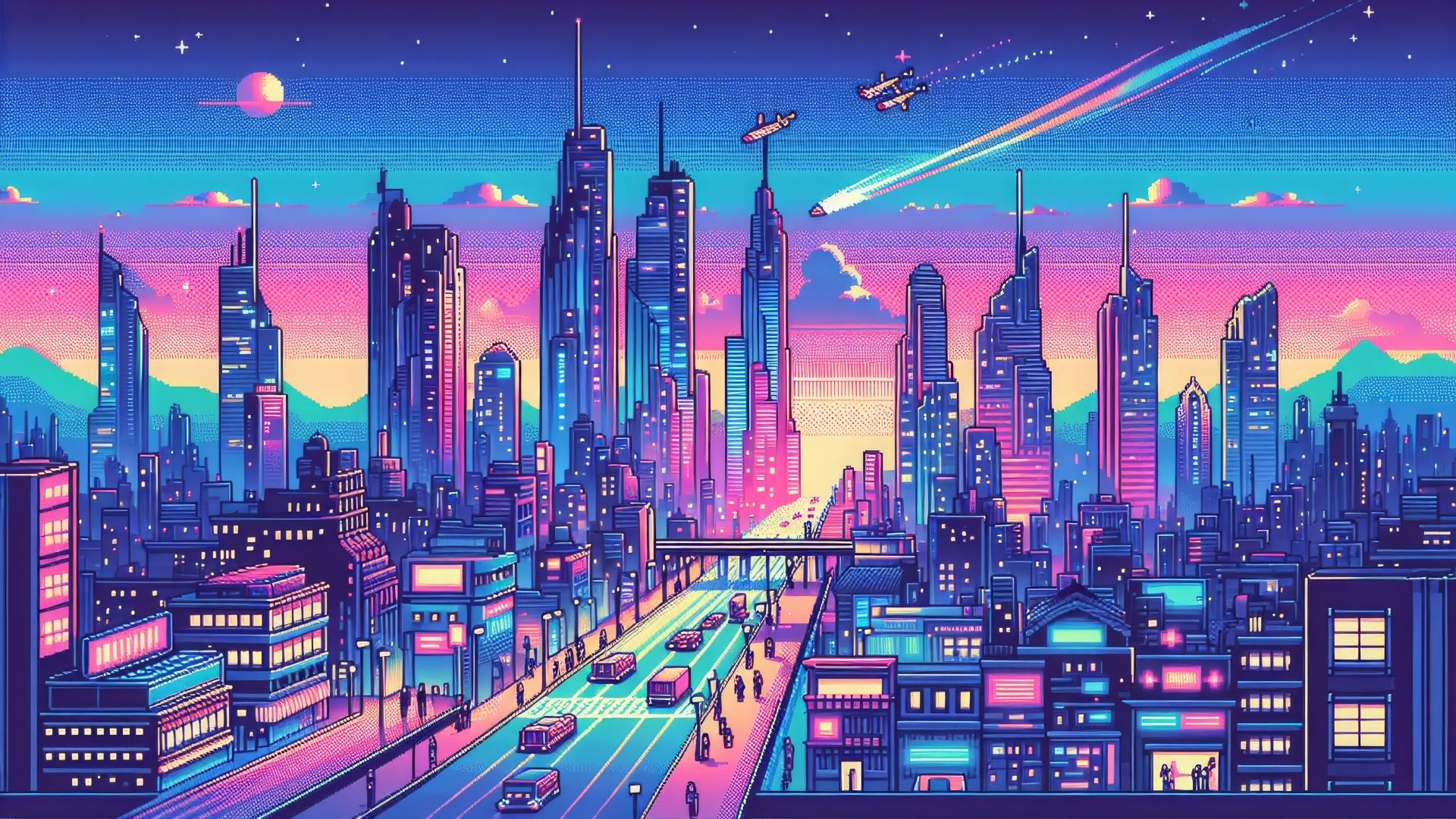 Wallpaper #FWf3_JIBSpphPi3-jZoC202 1920x1080xmsu0 Resolution Retro Futuristic Cityscape HD Pixel 1080p