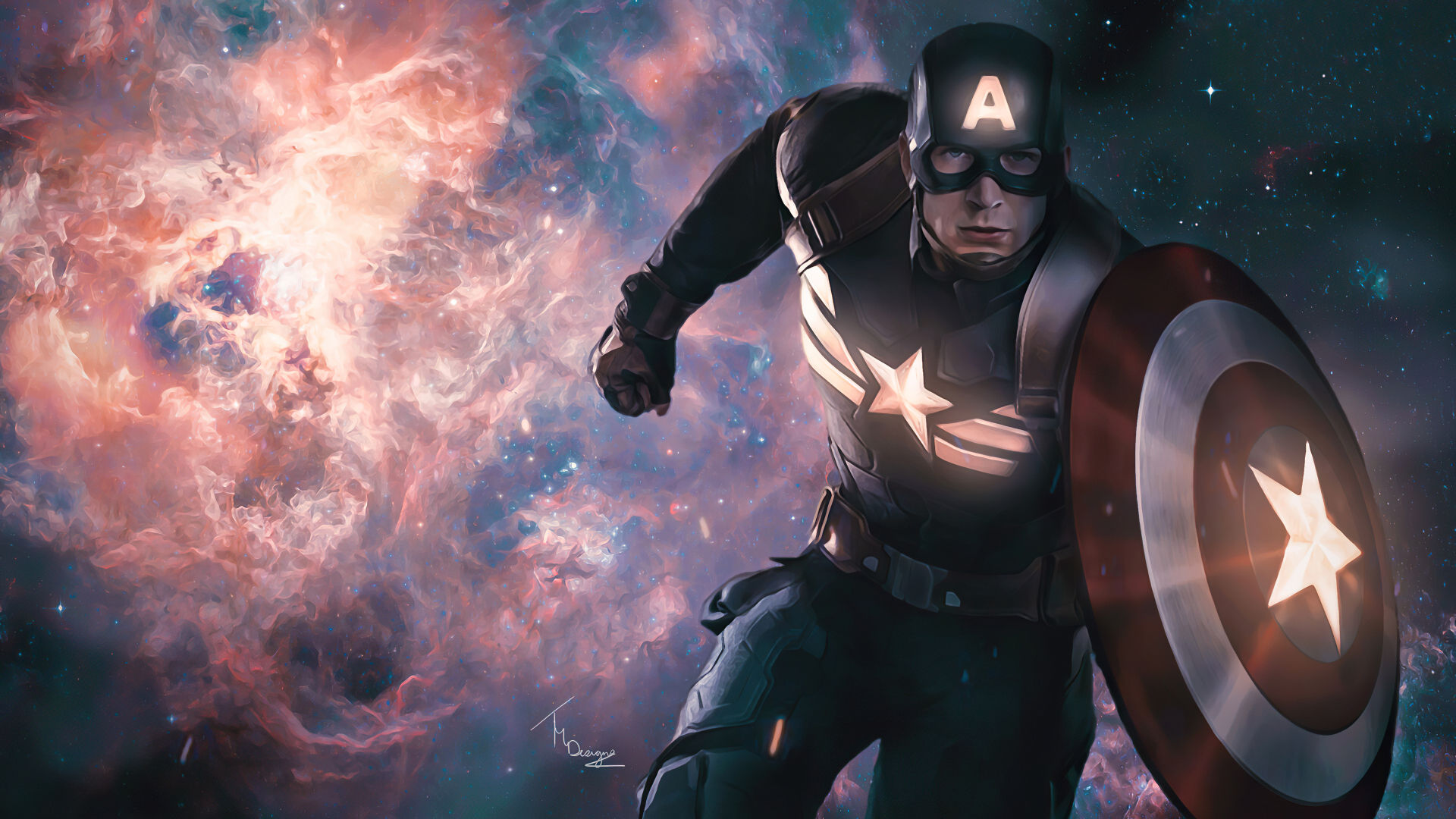 Wallpaper #JH0P8Y4Bnwiau_P6DAiq50 Captain America in Space with Shield and Nebula Background