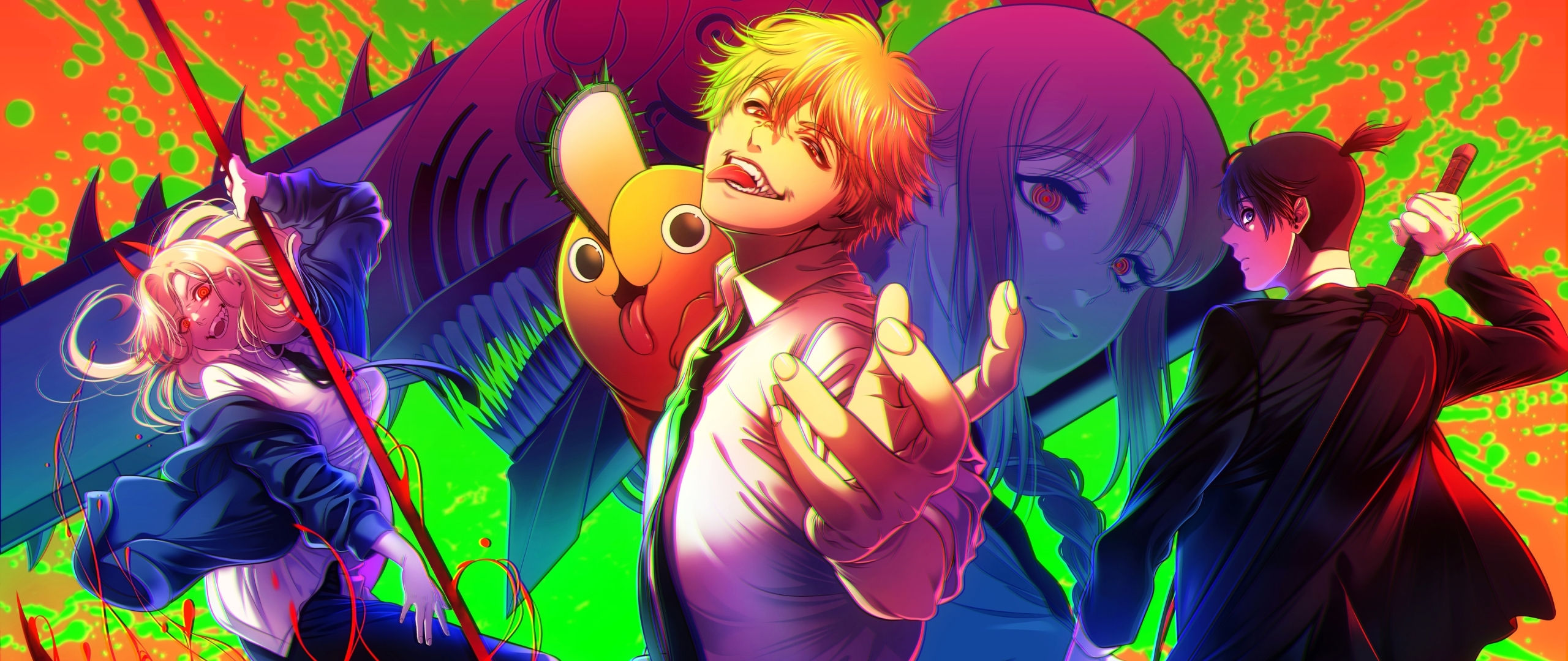 Wallpaper #92dOAJMBSpphPi3-0KWJ137 2560x1080 Resolution Anime Chainsaw Man 4K Colorful Poster 2560x1080