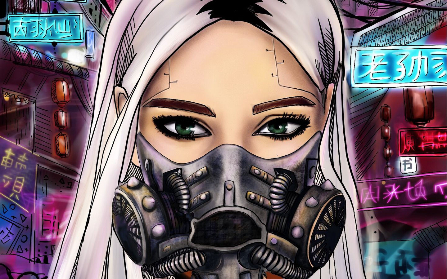 Wallpaper #bH2h844Bnwiau_P60w0E21 Download Wallpaper 1440x900 Girl Respirator Cyberpunk Mask Art