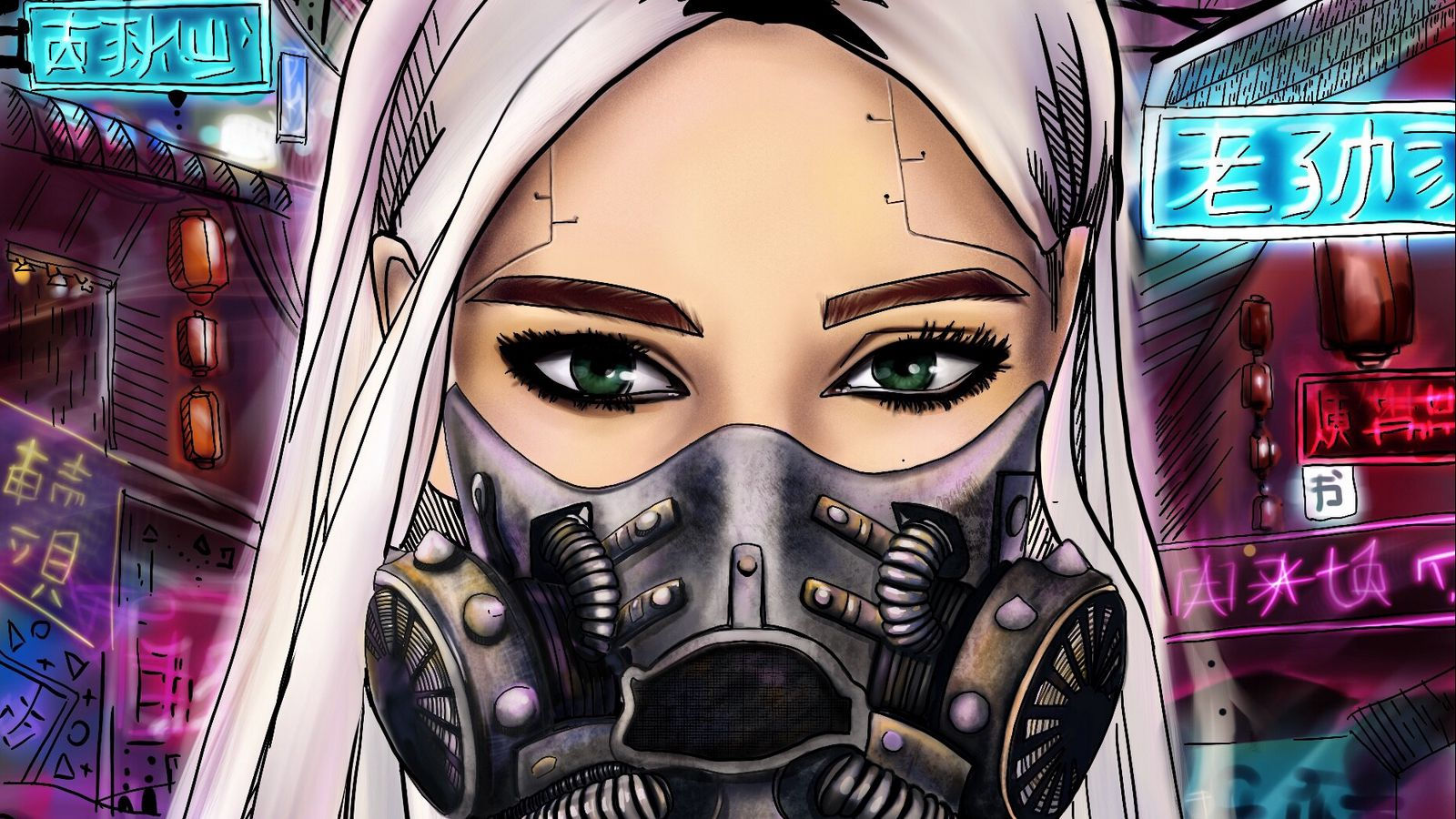 Wallpaper #bH2h844Bnwiau_P60w0E41 Download Wallpaper 1600x900 Girl Respirator Cyberpunk Mask Art