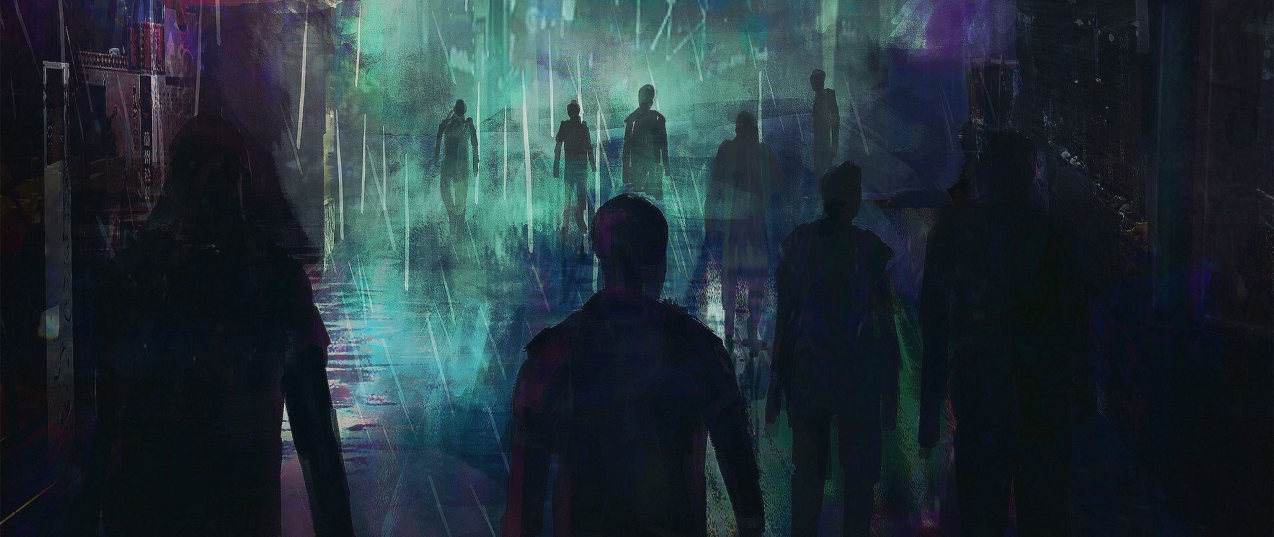 Wallpaper #in1s9I4Bnwiau_P6WQ9f58 Download Wallpaper 2560x1080 City Crowd Silhouettes Cyberpunk Art