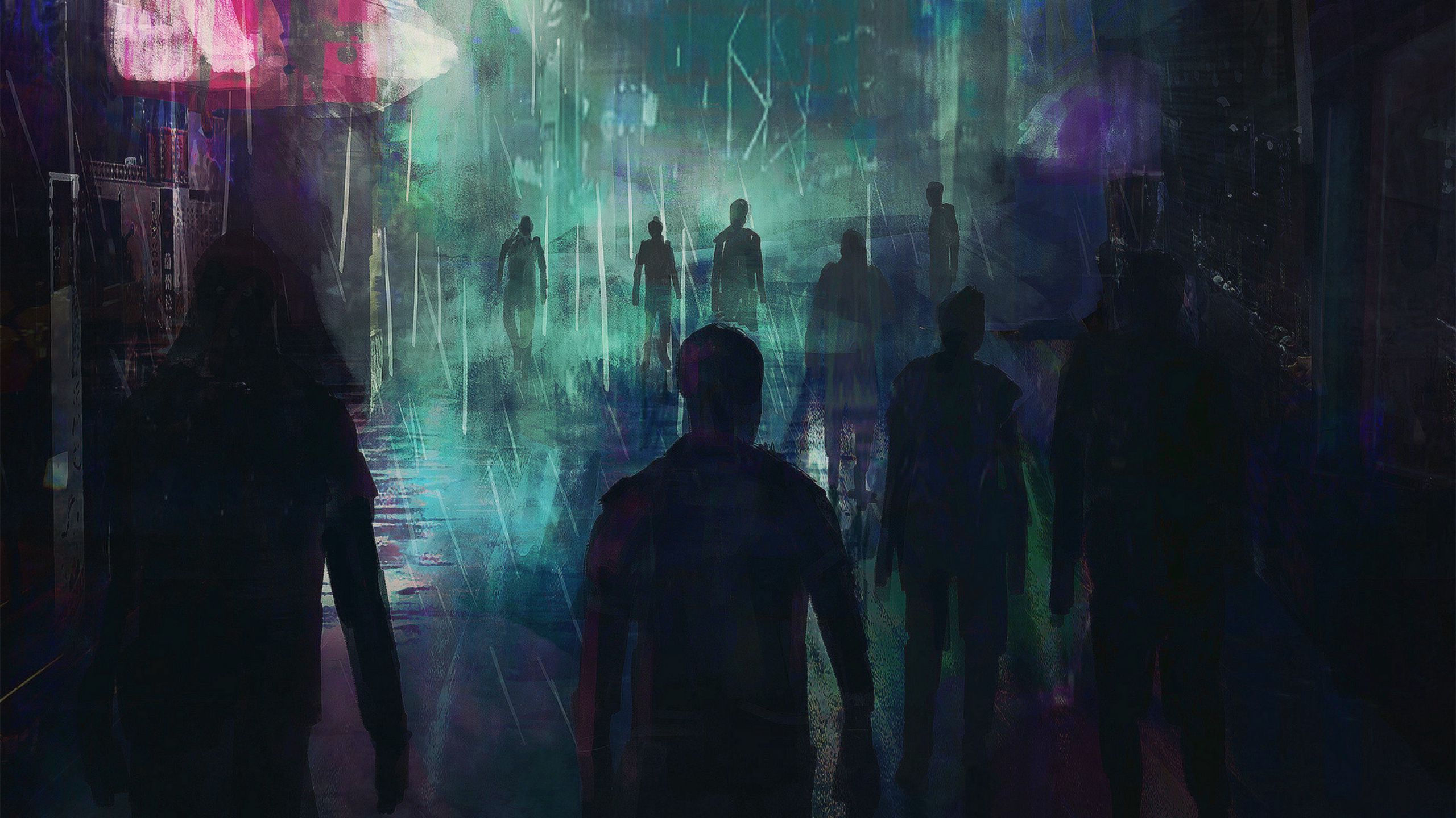 Wallpaper #in1s9I4Bnwiau_P6WQ9f32 Download Wallpaper 2560x1440 City Crowd Silhouettes Cyberpunk Art
