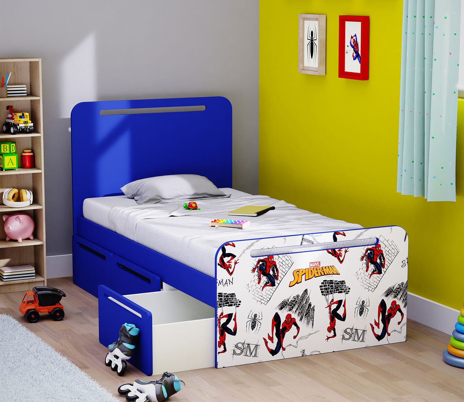 Wallpaper #AOoGVpMBlwTYPL18Zg8n134 Buy Matte Finished Printed Spiderman Bed with Drawer Storage Blue