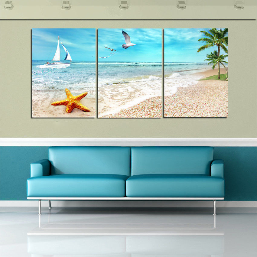 Wallpaper #aLiA1pIBJvJKYCmEHd7H137 3 Panel Large Beach Canvas Seascapes Palm Tree Paintings 3 Piece Wall