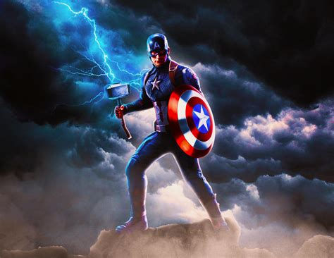 Wallpaper #YnP0fo4BFI5NbQksIxfN99 Captain America Wielding Thor's Hammer in a Stormy Sky