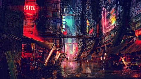Wallpaper #YnP0fo4BFI5NbQksIxfN28 A Rainy Street in a Cyberpunk City