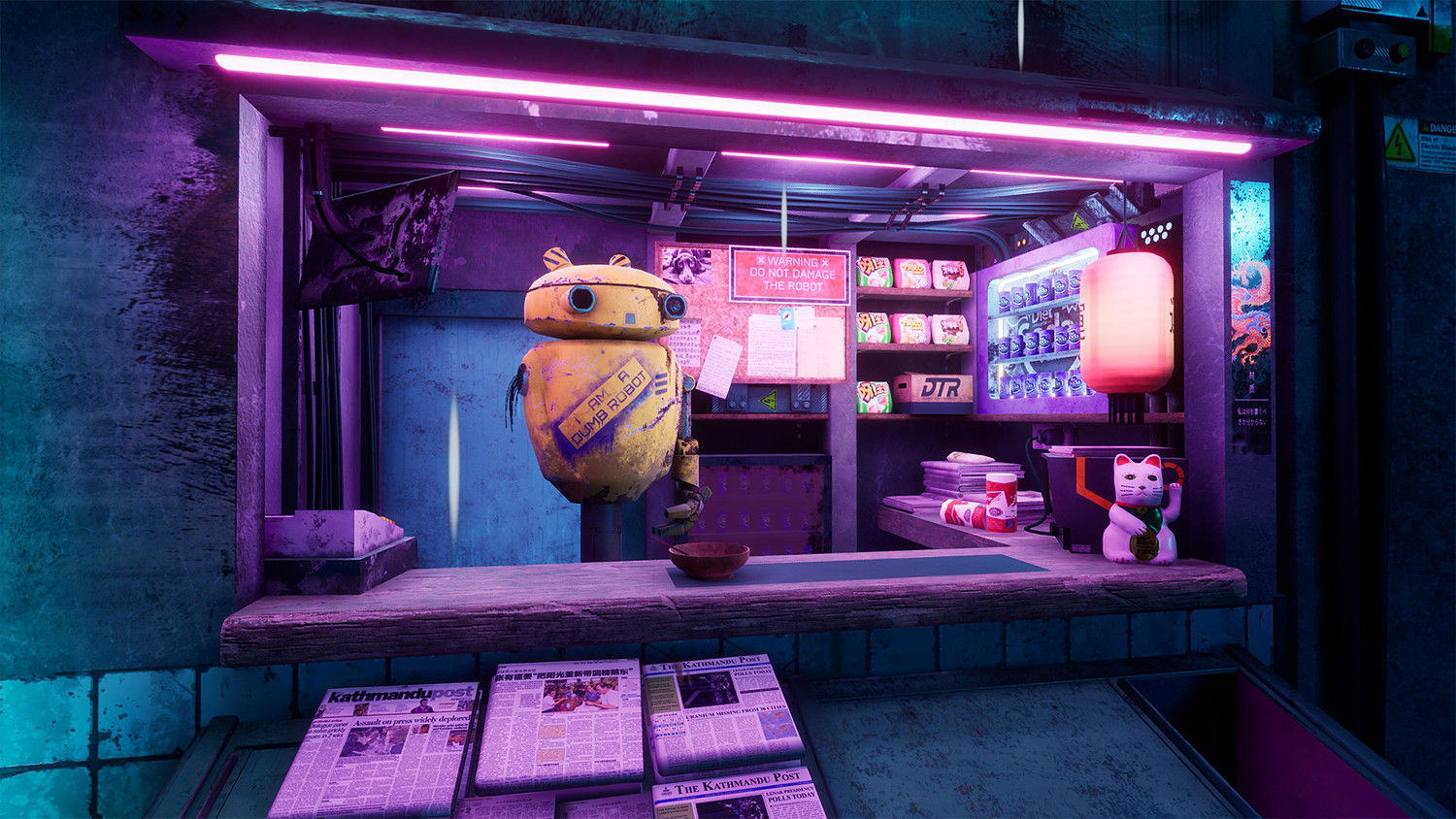 Wallpaper #dkU2lI4B7YBJg1BVip_04 A Robot Sits in a Small Shop in a Neon-Lit City