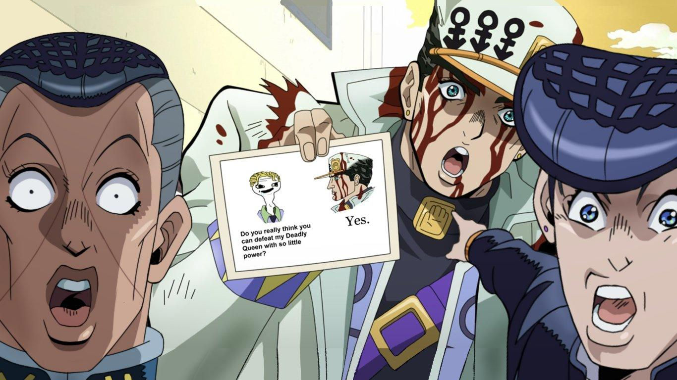 Wallpaper #ImfQBpMBSpphPi3-4cMa45 Okuyasu and Josuke Pointing at Jotaros Image Two Soyjaks Pointing