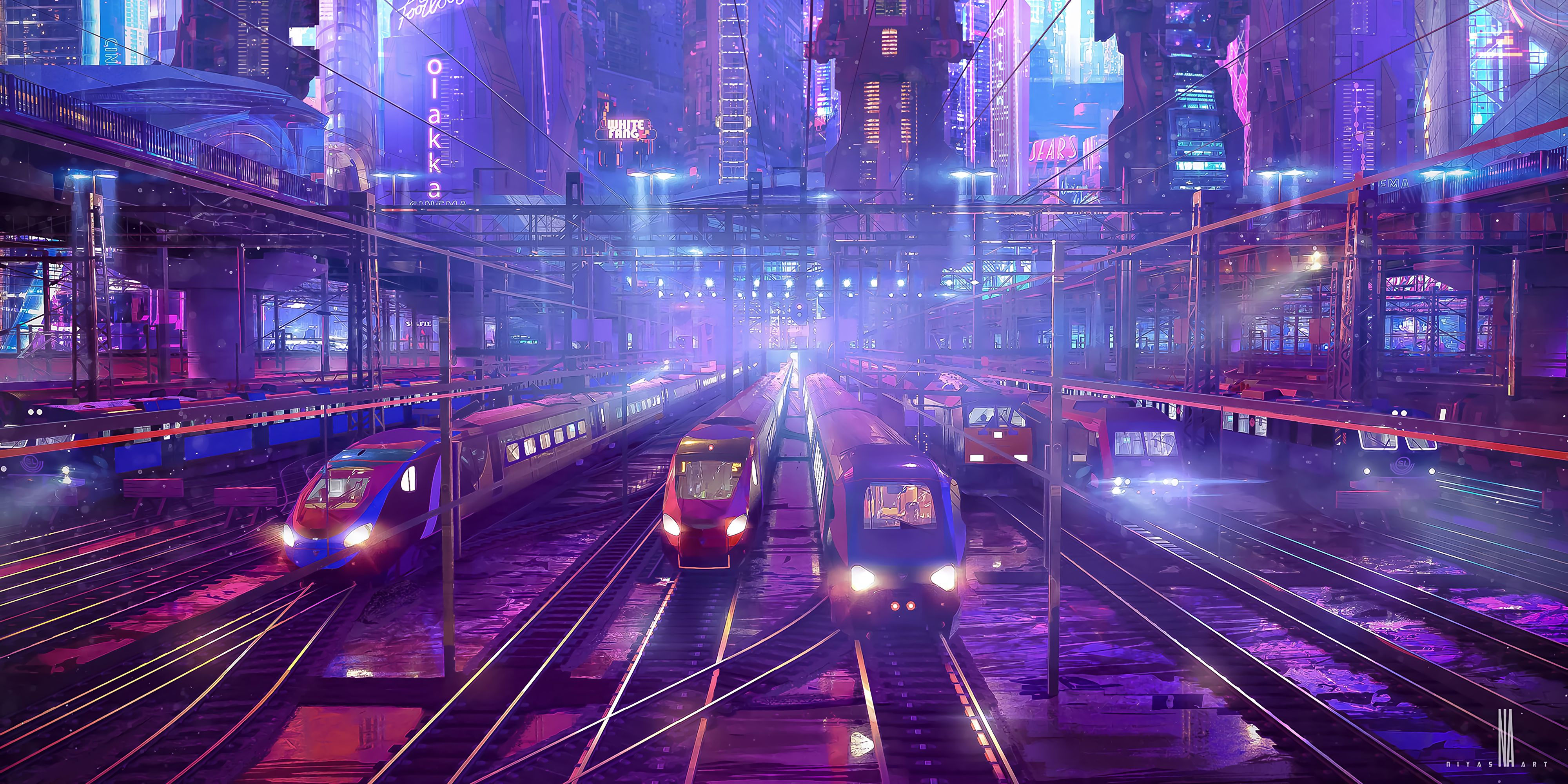 Wallpaper #z3O1gY4BFI5NbQksGRhB44 A Futuristic Train Station with a Purple Glow