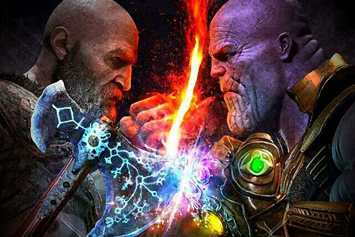 Wallpaper #fKVEOJMBVBiSkHCaLI1q4 Thanos vs Kratos Super Villain Versus Playstation Icon