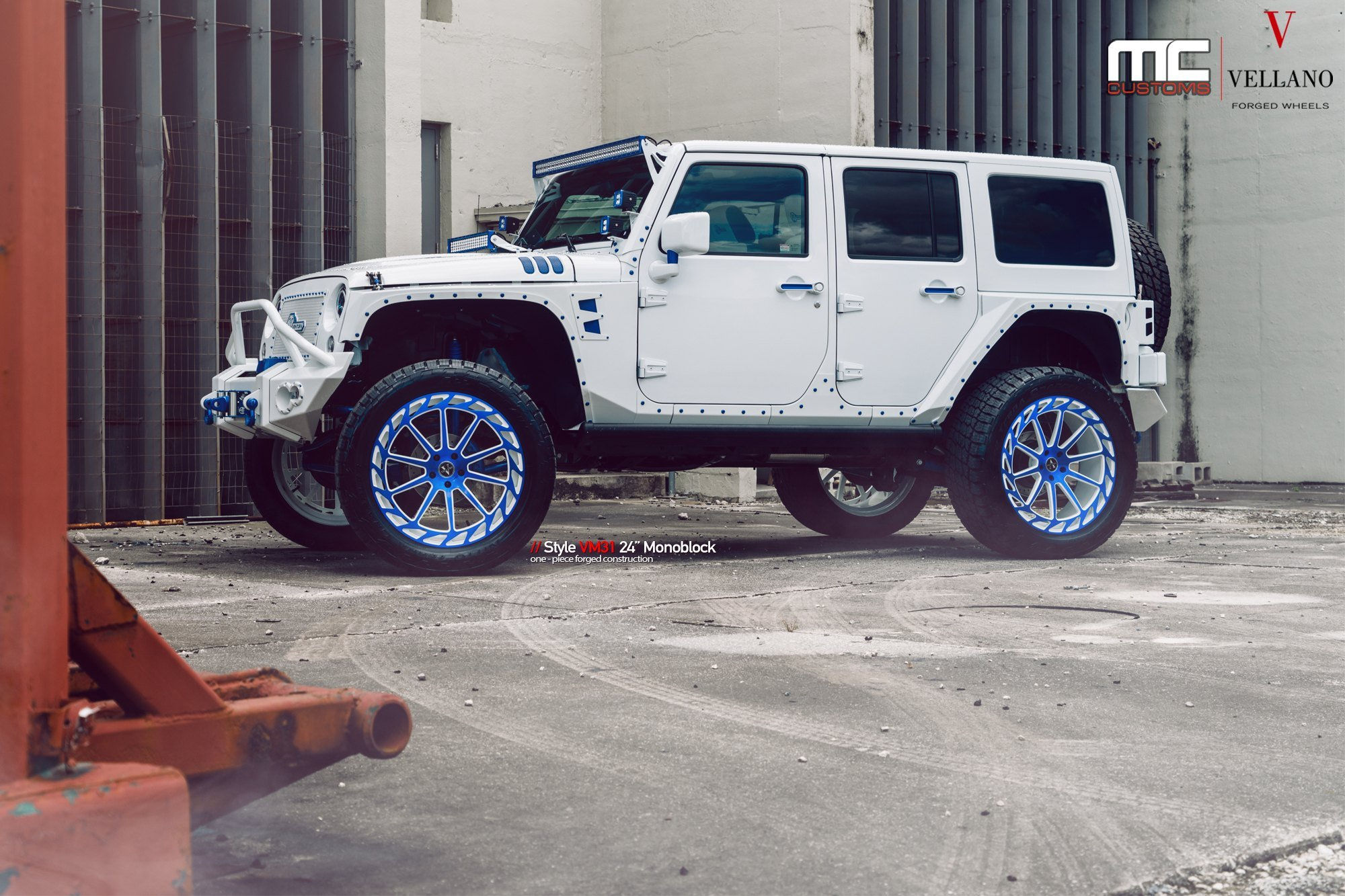 Wallpaper #exl7O48BtGB6xQ78W7DK13 Lifted Stylish White Jeep Wrangler on 24 Inch Blue Vellano Rims and