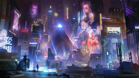 Wallpaper #b3MUf44BFI5NbQksqRec19 A Neon-Lit Cityscape with a Giant Pyramid in the Center