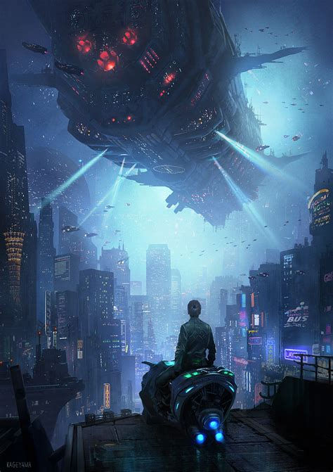 Wallpaper #b3MUf44BFI5NbQksqRec3 A Lone Figure on a Rooftop Looks Out Over a Futuristic Cityscape as a Massive Spaceship Hovers Overhead