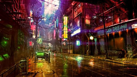 Wallpaper #b3MUf44BFI5NbQksqRec22 A Rainy Street in a Cyberpunk City