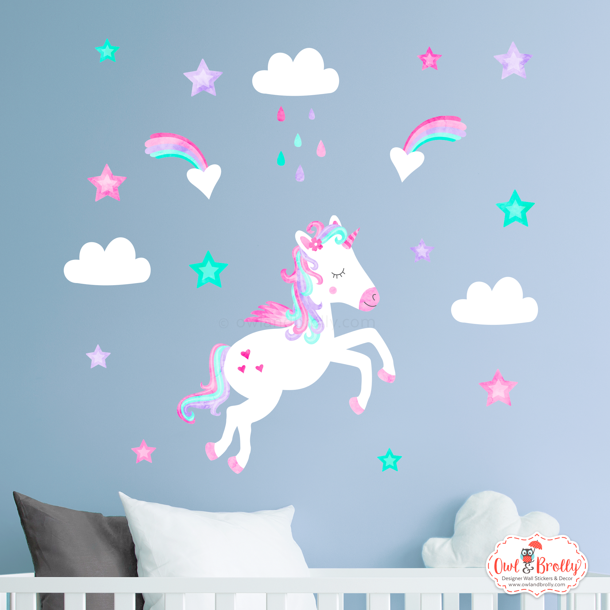 Wallpaper #zWc47JIBSpphPi3-gFEE195 Unicorn Wall Stickers with Clouds and Shooting Stars Aqua Pink Purple