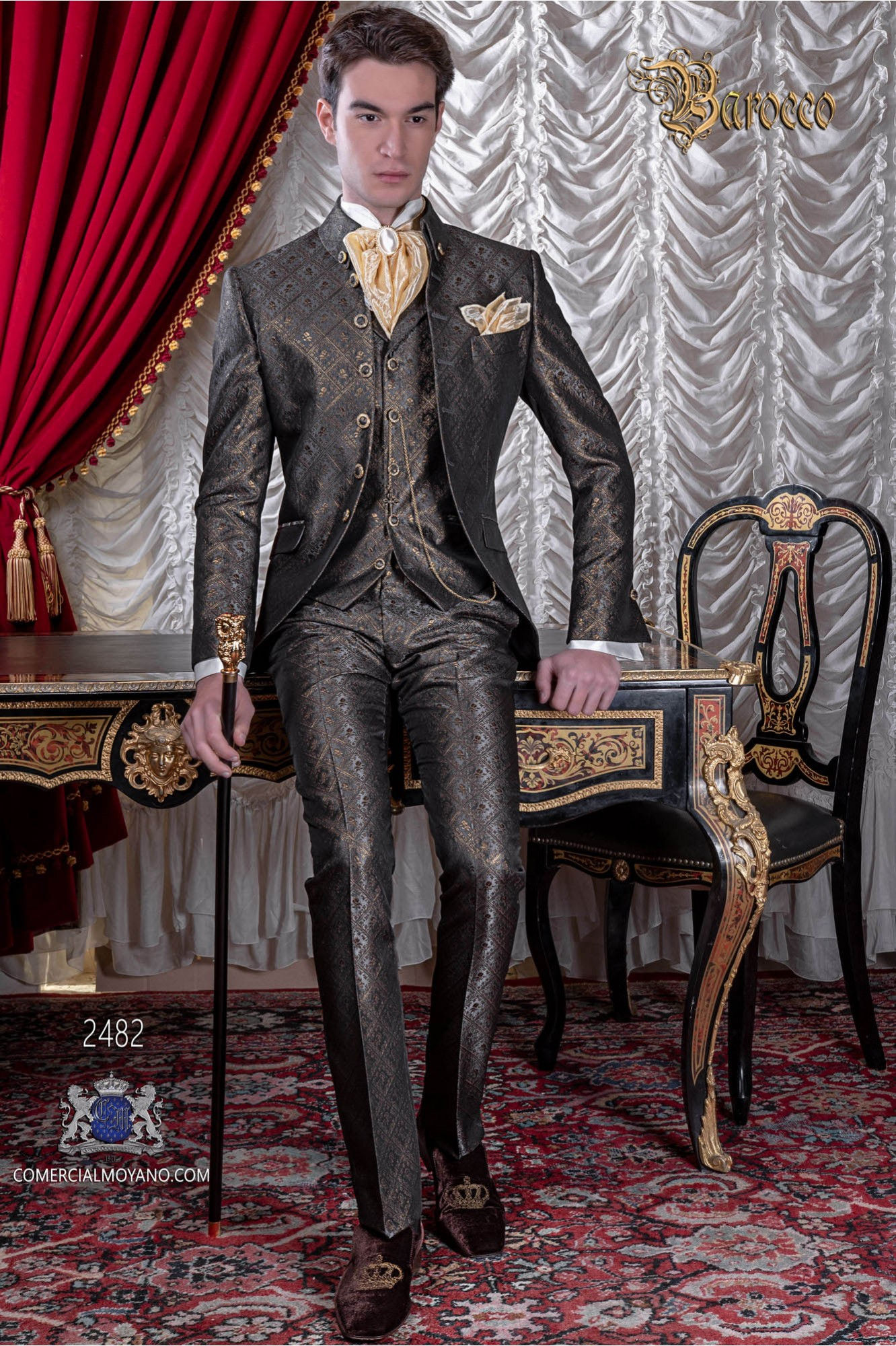 Wallpaper #kyxGSZMB0E1QgA7wmPIG206 Wedding Suit Vintage Frock Coat in Gray Gold Jacquard Fabric 2482