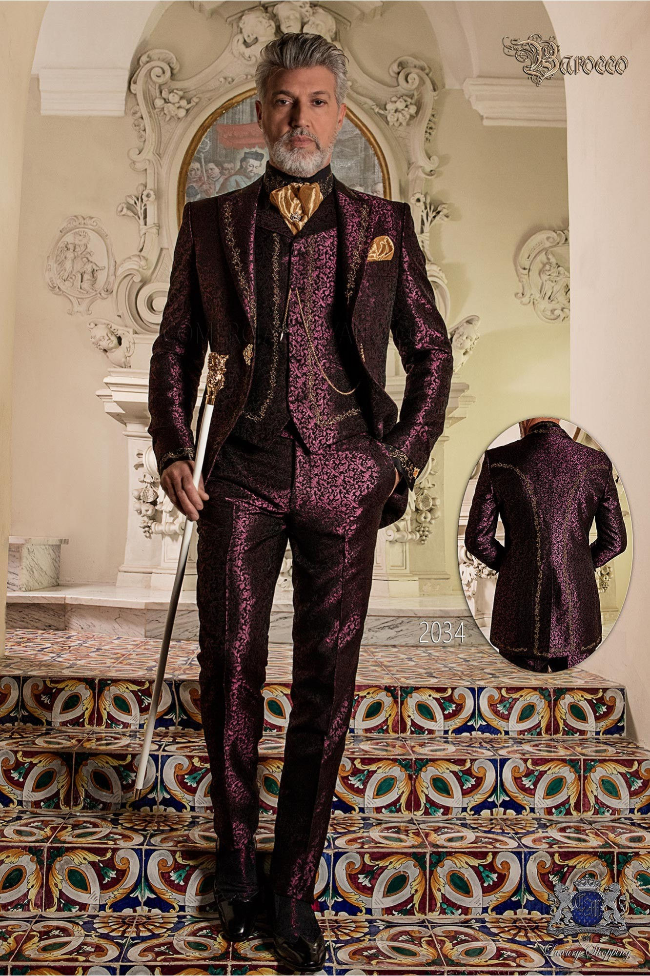 Wallpaper #0mhRFJMBSpphPi3-GgPw373 Vintage Frock Coat in Purple Jacquard Fabric with Golden Embroidery and