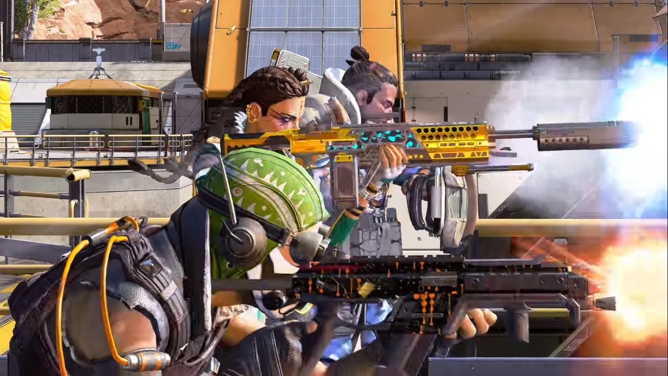 Wallpaper #3nMuhI4BFI5NbQksShyc54 Two Legends Firing Their Weapons in Apex Legends