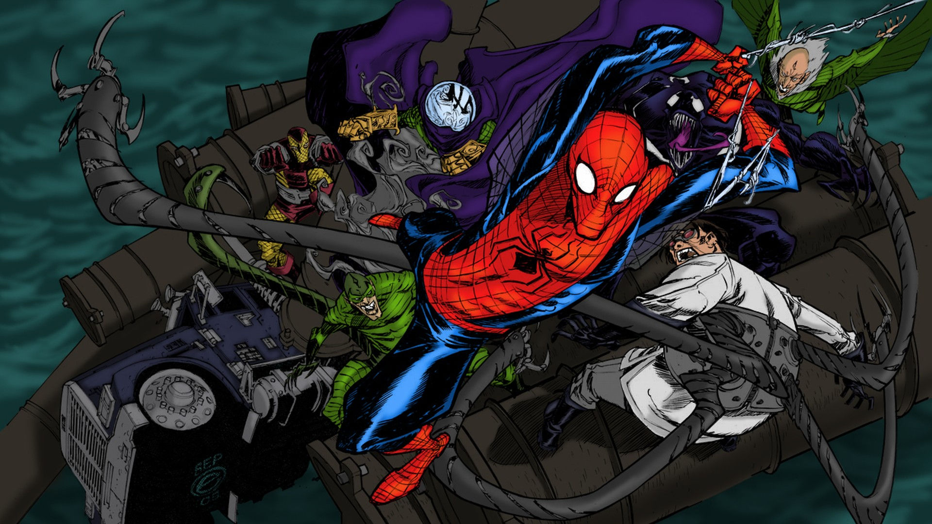 Wallpaper #ceb46 1920x1080 Spiderman vs Sinister Six Art Laptop Full HD 1080p HD 4K