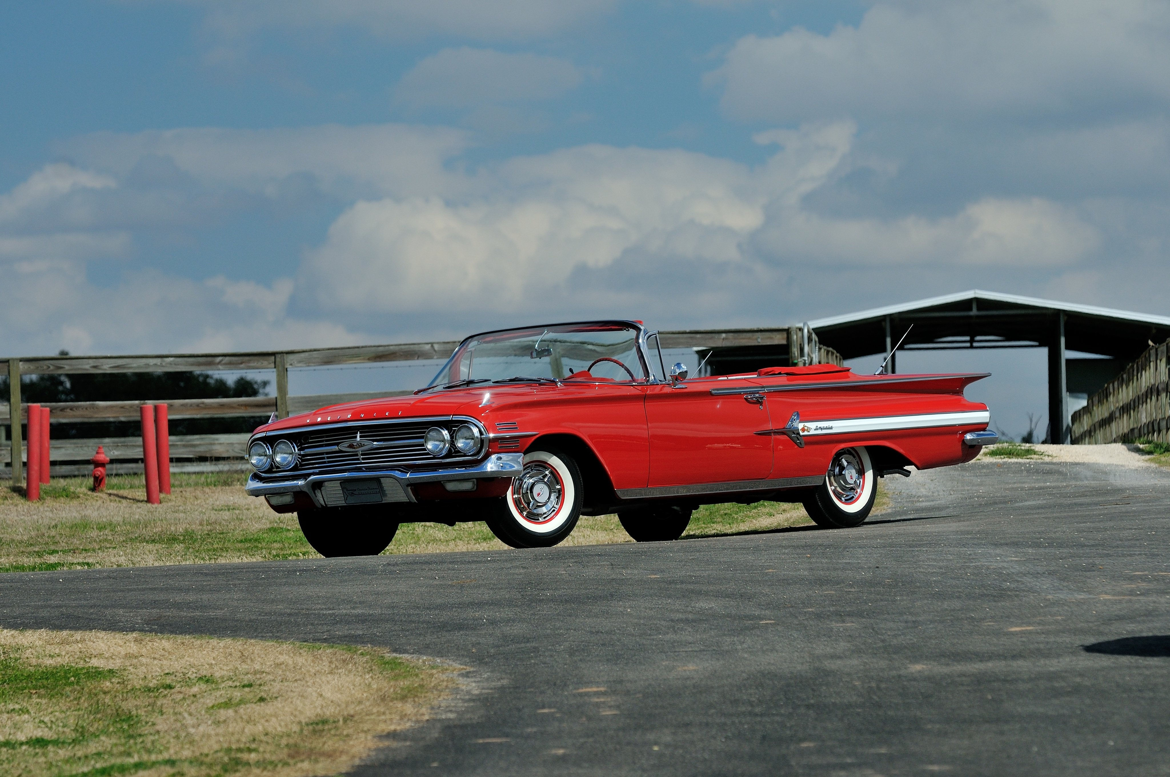 Wallpaper #_3MOho4BFI5NbQksfx5p5 A Red 1960 Chevrolet Impala Convertible Parked on a Rural Road