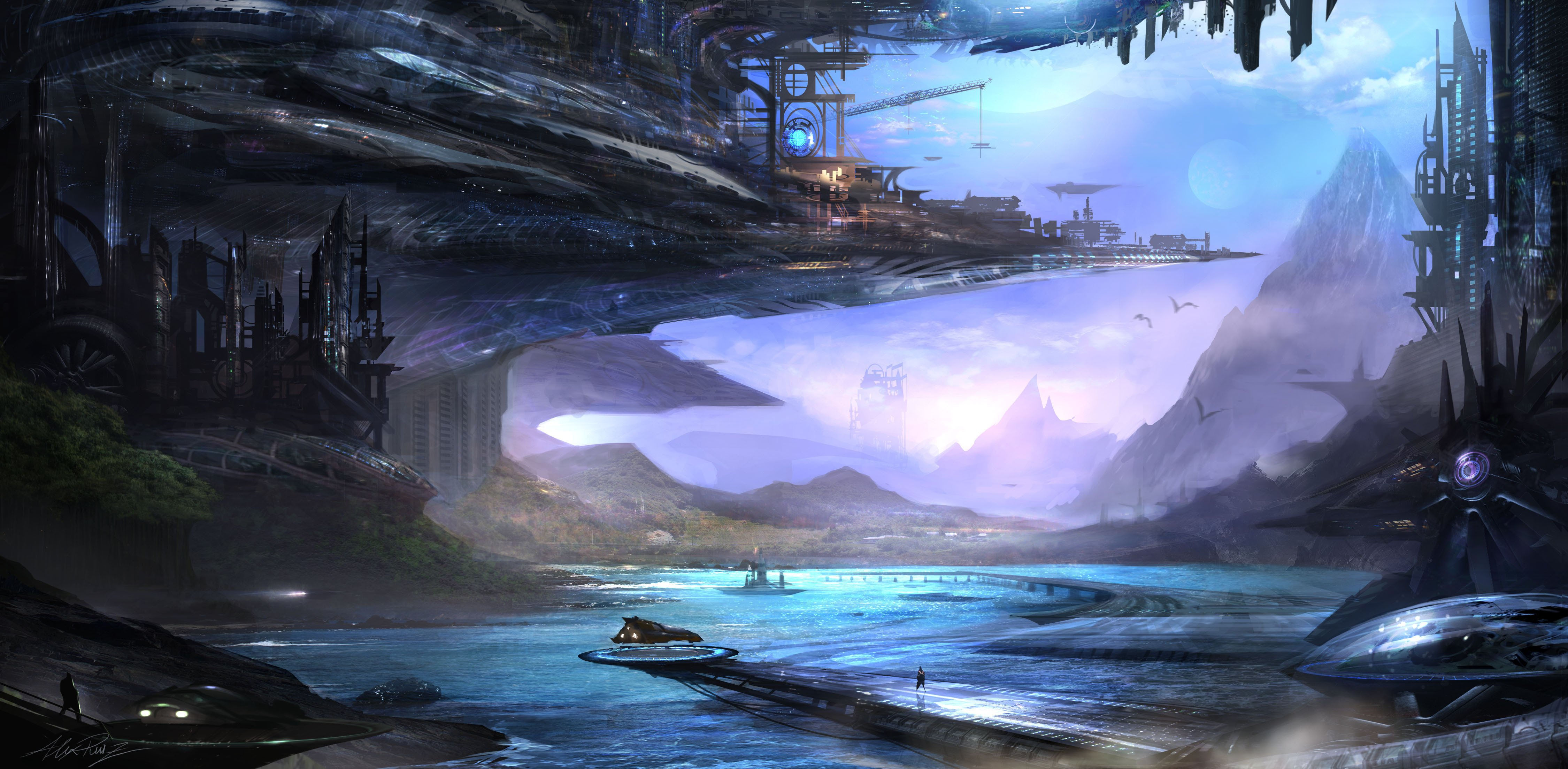 Wallpaper #wxdkPpMBPLD5_VENvN-060 Future the Sky Mountains Rivers Trees Science Fiction Fantasy