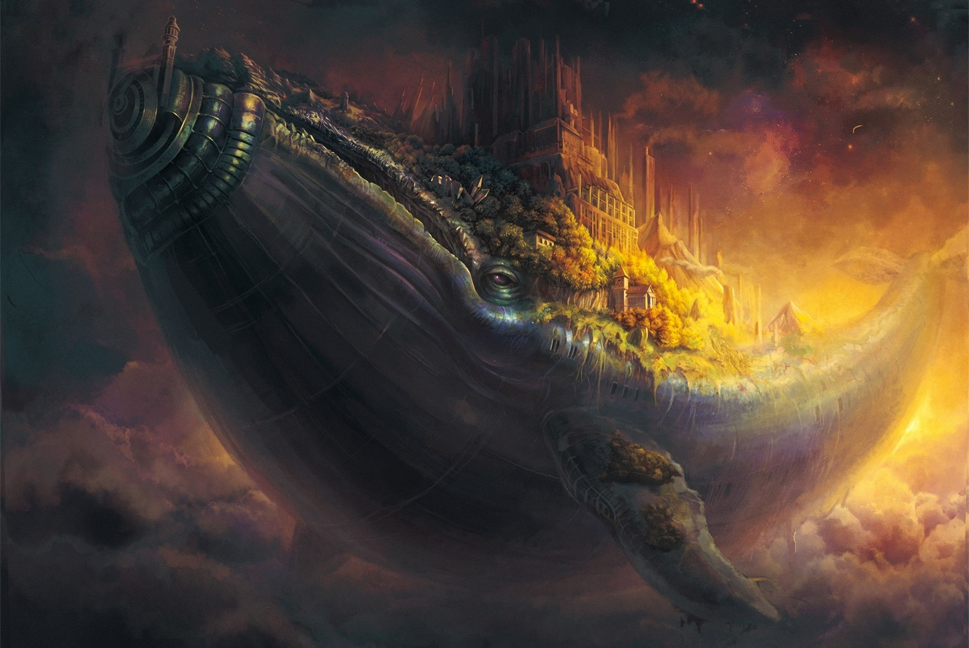 Wallpaper #5hkFF48BtGB6xQ78T25C39 Whale Fish City Flying in the Sky Art Castle Steampunk