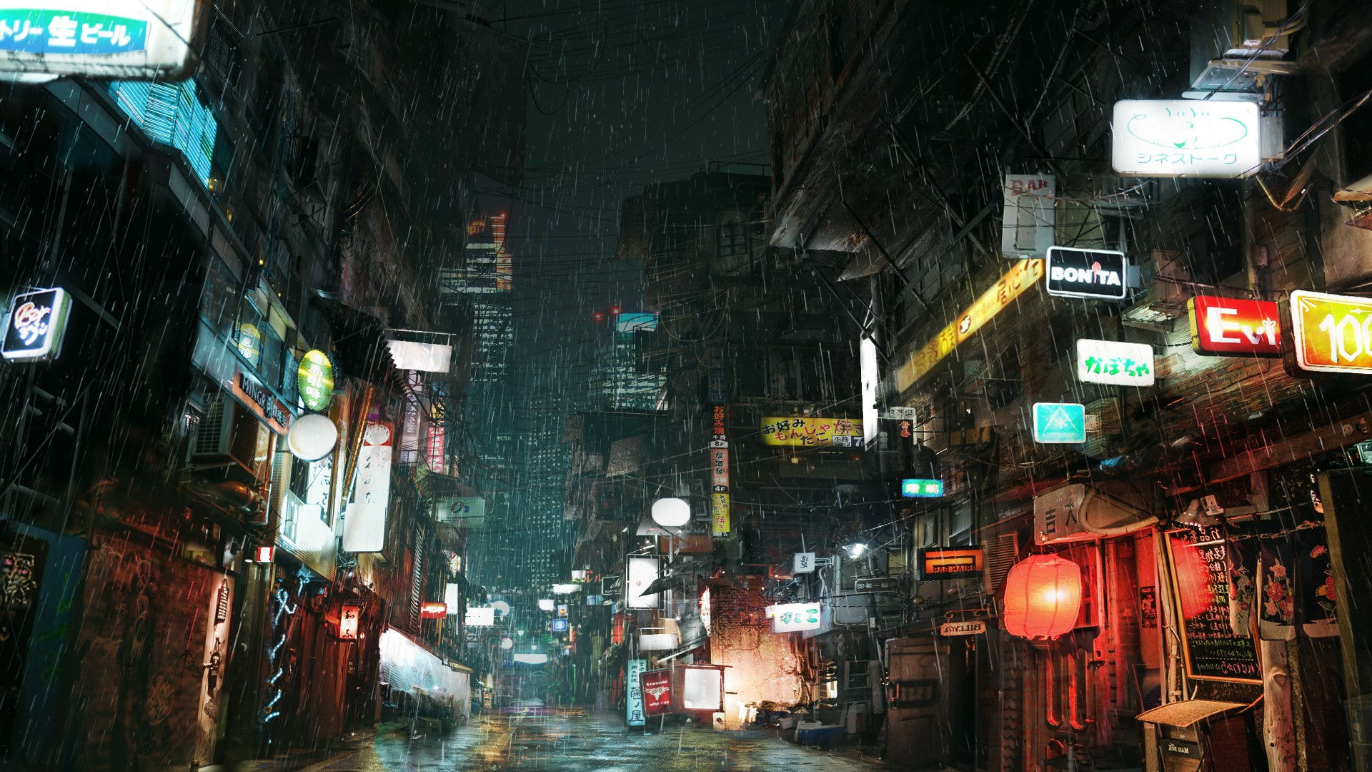 Wallpaper #PhmIII8BtGB6xQ78v37L23 Cyberpunk Rain Lights City Street Advertisements Wallpapers HD