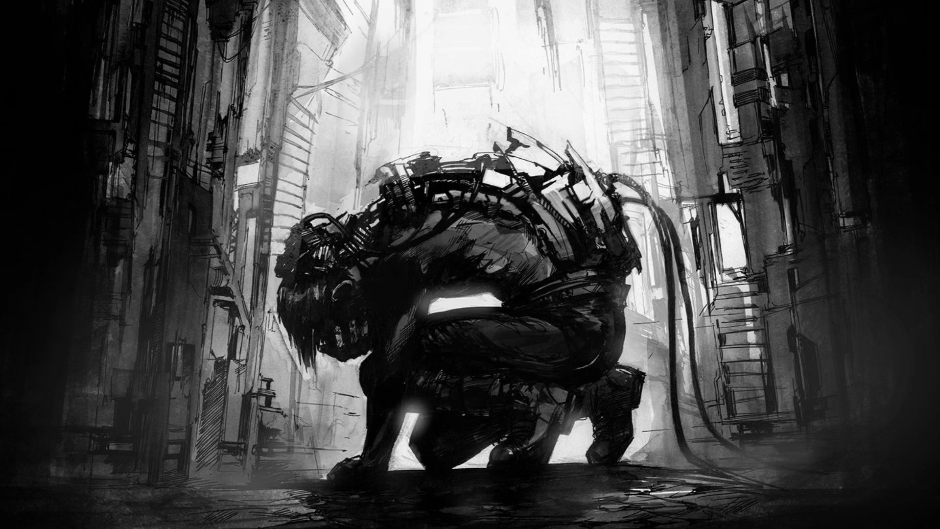 Wallpaper #0hnJBI8BtGB6xQ78wk_r20 Klayton Ninja Jo Circle of Dust Cyberpunk Monochrome Wires Robot